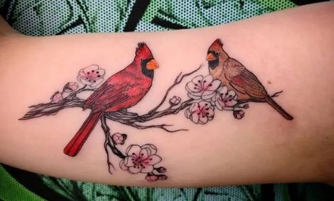 25 Awesome Cardinal Tattoos For Men And Women 1 Cardinal And Cherry Blossom Tattoo, Cardinal On Dogwood Branch Tattoo, Make And Female Cardinal Tattoo, Cardinal Tattoos For Women Simple, Quilting Tattoos, Cardinal Tattoo For Men, Male And Female Cardinal Tattoo, Cardinal And Flower Tattoo, Cardinal Tattoos For Women