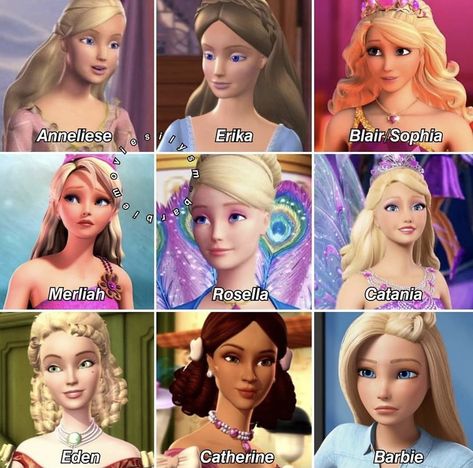 Barbie Names, Barbie Movies List, Barbie Characters, Cartoon Characters Names, Barbie Nostalgia, Beauty And The Beast Art, Childhood Aesthetic, Barbie Fairy