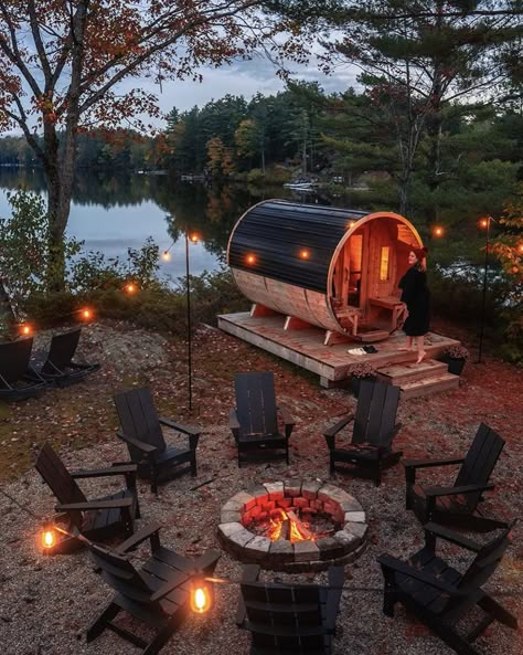 A cozy ambiance around your home sauna is a great way to create an inviting outdoor space. Hop in the sauna, gather around the fire and let the feeling of total relaxation take over! 📍 Loon Lake Retreat 📷 @thecabinhunter on Instagram #muskokacottage #discovermuskoka #muskokalife #saunalife #saunasession #relax Wood Fire Sauna, Mini Sauna Outdoor, Outdoor Retreat Ideas, Sauna And Cold Plunge Outdoor, Sauna Ideas Outdoor, Sauna In Garden, Barrel Sauna Landscaping, Outdoor Spa Ideas, Outdoor Sauna Ideas Backyards