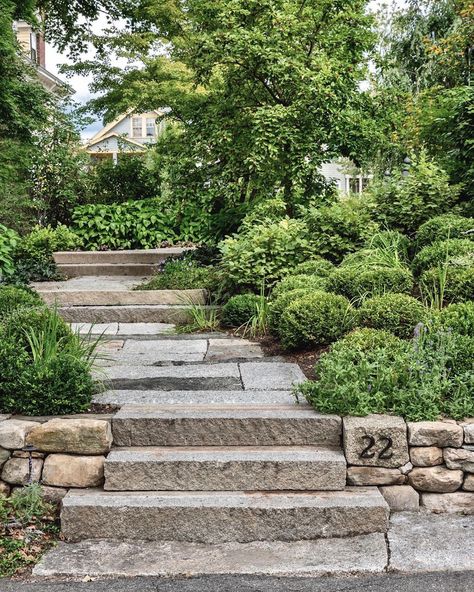 MCLD LLC on Instagram: “A new #reclaimedgranite #staircase and #walkway form an elegant yet relaxed #senseofarrival to the home’s front door at our #pillhillgarden…” Front Door Landscaping, Entry Steps, Stepping Stone Walkways, Front Door Entry, Flagstone Walkway, Staircase Outdoor, Walkway Design, Concrete Walkway, Backyard Plan