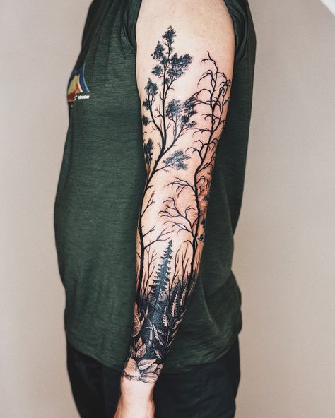 Did this awesome forest sleeve in two back to back four hour sessions over two days. First day was dedicated to the undergrowth and second day we built a forest on top of it. Super happy with the outcome of this one. Everything was made freehand and planned on the spot. Contact me for your own nature themed one of a kind tattoo. 🫡 #eestitattoo #tallinntattoo #foresttattoo #sleevetattoo #artesobscurae #darkartist #onlythedarkest #blackworktattoo Forest Tattoo Sleeve Design, Forest Theme Tattoo, Forest Sleeve Tattoo, One Of A Kind Tattoo, Forest Tattoo Sleeve, Kind Tattoo, Forest Tattoo, Forest Tattoos, Send Me A Message