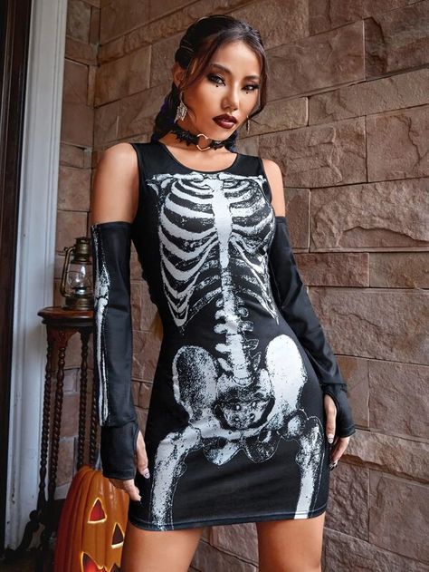 Halloween Costume Skeleton, L Wardrobe, Costume Skeleton, Skeleton Dress, Halterneck Mini Dress, Skeleton Print, Leg Avenue, Long Black Dress, Doll Clothing