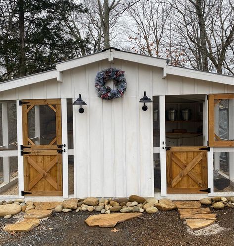 This is two sided coop designed for game birds on one side and chickens on the other. Hardware cloth and stone placed both interior and exterior is the perfect predator barrier. Waiting on 30” table to go in between dutch doors. Dutch Door On Chicken Coop, Dutch Door For Chicken Coop, Chicken Coop With Two Runs, Two Sided Chicken Coop, Split Chicken Coop, Chicken Coop Dutch Door, Dutch Door Chicken Coop, Double Chicken Coop, Divided Chicken Coop