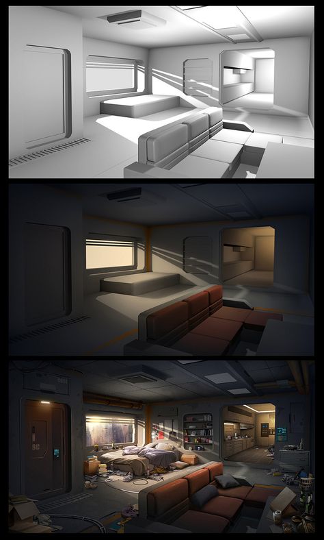 ArtStation - Sci-Fi Apartment, Raul Rosell Sci Fi Apartment Interior, Sci Fi Home Interior, Cyberpunk House Design, Sci Fi Room Concept Art, Sci-fi Room, Scifi Apartment, Futuristic Apartment Interior Design, Dystopian Apartment, Cyberpunk Bathroom