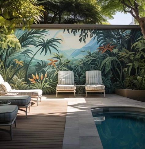 Poolside Wall Murals, Tropical Mural Painting Outdoor, Tropical Mural Painting, Pool Mural, Bathroom Mural, Garden Wall Designs, Mural Art Design, Jungle Mural, Pools Backyard Inground