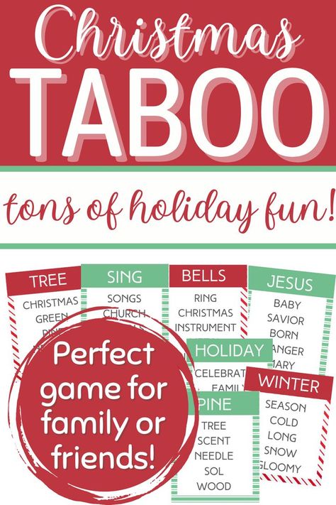 Christmas taboo game Taboo Cards, Christmas Party Games For Groups, Taboo Words, Taboo Game, Fun Activity For Kids, Xmas Games, Family Friendly Games, Play With Friends, Fun Christmas Games