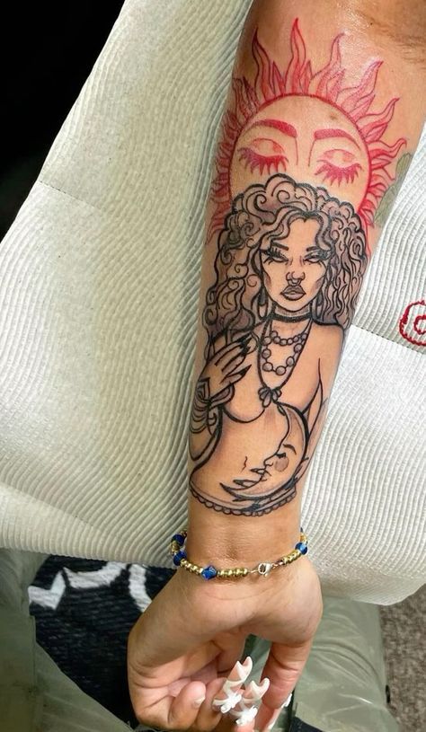 Tattoos That Look Like Stickers, Crazy Mind Tattoo, Half Body Tattoos For Women, Arm Sleeves For Females, $150 Tattoo Ideas, Spiritual Tattoos Arm, Divine Feminine Spirituality Tattoo, Black Lady Tattoo, Sleeve Starter Tattoo Women