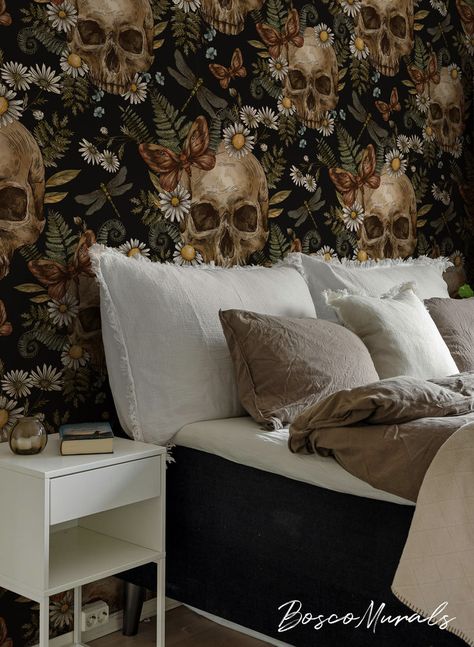 Bedroom with skull and floral wallpaper, cozy bedding, and fall decor. Wallpaper For Halloween, Dark Botanical Wallpaper, Dark Botanical, Wallpaper For Home, Pumpkin Display, Butterfly Motif, Witchy Wallpaper, Creative Pumpkins, Witchy Decor