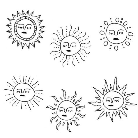 Sunshine With Face Tattoo, Small Groovy Tattoos, Simple Hippy Tattoos, Sun Minimalist Drawing, Squiggly Sun Tattoo, Cute Linework Tattoo, Sun Sketch Simple, Small Sun Tattoo Ideas, Sun Flash Tattoo