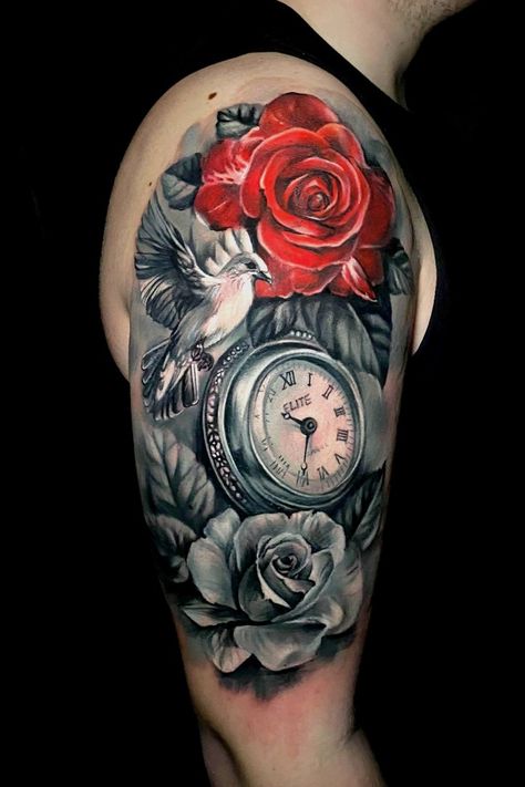 Clock And Rose Tattoo, Holy Spirit Tattoo, Revelation Tattoo, Salvation Tattoo, Spirit Tattoo, Dove Tattoo, Small Rose Tattoo, Pocket Watch Tattoo, Roses Tattoo