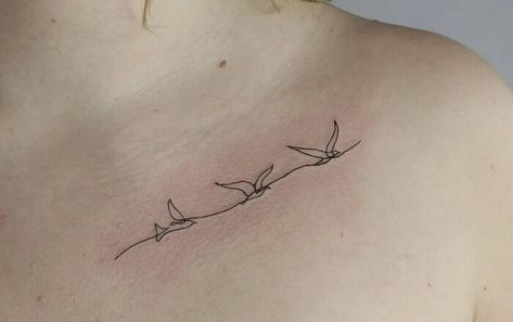 Single Line Birds Tattoo Tattoos In Threes, Sibling Bird Tattoos, Three Sibling Tattoos Simple, Three Birds On A Branch Tattoo, Three Birds Tattoo Simple, Fine Line Hawk Tattoo, Single Line Bird Tattoo, 3 Doves Tattoo, Bird On Shoulder Tattoo