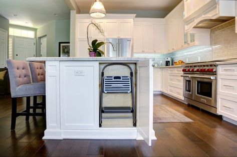 5 Genius Ways to Hide a Step Stool | QualityBath.com Discover Narrow Broom Closet, Step Stool Storage, Shallow Cabinets, Stool Storage, Kitchen Step Stool, Broom Closet, Folding Step Stool, Hidden Kitchen, Cabinet Kitchen