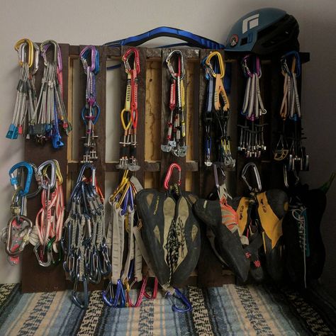 Use these 18 climbing gear storage ideas as inspiration when deciding how to organize your own gear closet. (Hint: it's all about the pegboards.) Climbing Gear Storage, Climbing Gear Organization, Gear Storage Ideas, Outdoor Gear Storage, Rock Climbing Equipment, Gear Closet, Gear Room, Cool Dirt Bikes, Gear Storage