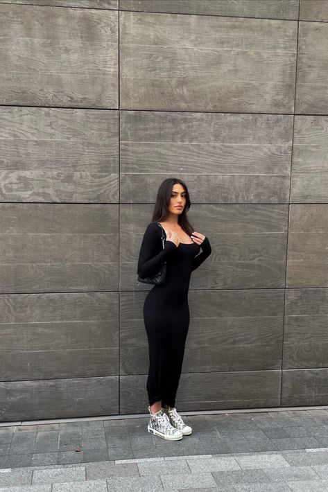 a go to black dress for all your fashion needs! Bodycon Dress And Sneakers Outfit, Dress And Sneakers Outfit, Fitted Bodycon Dress, Kim K Style, Maxi Long Dress, Cold Outfits, Long Bodycon Dress, Kim K, Black Bodycon Dress