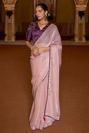 Brasso Saree - Buy Brasso Sarees Online @ Best Price | Karagiri Organza Blouse Designs, Pink Half Sarees, Pink Organza Saree, Combination Dresses, Purple Weave, Light Pink Blouses, Party Wear Gown, Organza Wedding, Party Kleidung