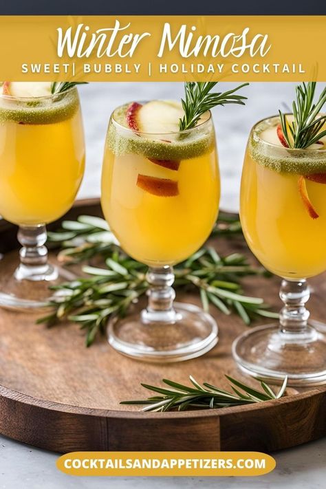 Delicious holiday cocktails for parties are these Apple and Cranberry Mimosas! This Winter Mimosa has Apple cider, champagne, cranberry juice and rosemary and makes a refreshing Fall cocktail. Easy Mimosa recipe for Fall party drinks, winter cocktails, holiday drinks, winter brunch mimosas or anytime. Easy Mimosa Recipe, Winter Mimosa, Apple Cider Champagne, Fall Party Drinks, Easy Mimosa, Cranberry Mimosas, Cranberry Mimosa, Mimosa Cocktail, Champagne Drinks