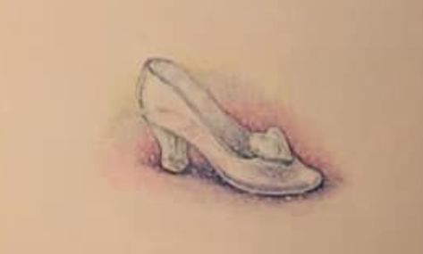 Cinderella's sparkling glass slipper illustrated by Lynn Bywaters Cinderella Slipper Tattoo, Cinderella Glass Slipper Tattoo, Cinderella Shoe Tattoo, Glass Slipper Drawing, Glass Slipper Tattoo, Cinderella Tattoo, Mickey And Minnie Tattoos, Minnie Tattoo, Shoe Tattoos