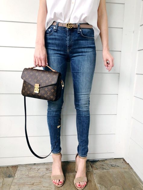 This is the 3/4 inch. Gucci Belt Review + Buying Guide - Veronika's Blushing Jeans With Gucci Belt Outfit, Lv Belt Outfit Womens Fashion, Tan Gucci Belt Outfit, Gucci Belt Size Comparison, Gucci Belt Outfit Classy, Lv Belt Women Outfit, Belts With Jeans, Pink Gucci Belt, Gucci Belt Women