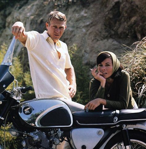 The ‘king of cool’ actor Steve McQueen and his wife Neile Adams posing with a 1963 Honda CB77 Superhawk. Phot Neile Adams, William Claxton, Actor Steve Mcqueen, Steve Mcqueen Style, Steven Mcqueen, Gena Rowlands, Marcello Mastroianni, Sundance Kid, Steve Mc