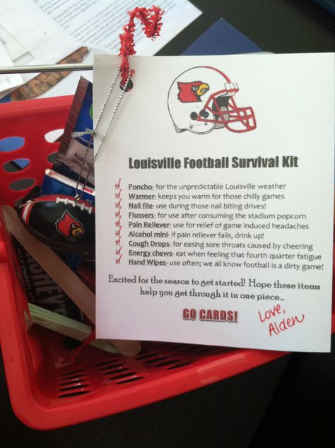 Football season survival kit I made! Poncho, hand Warmers, candy, Tylenol, nail files for those "nail biter" moments, etc! Go Cards! Football Survival Kit Ideas, Football Coach Wife, Pep Squad, Louisville Football, Mom Survival Kit, Senior Week, Alcohol Games, Baseball Ideas, Coaches Wife