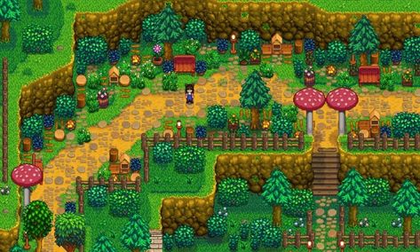 Stardew Storage, Blue Bushes, Forest Layout, Stardew Layout, Stardew Ideas, Stardew Farm, Stardew Farms, Stardew Valley Layout, Stardew Valley Tips