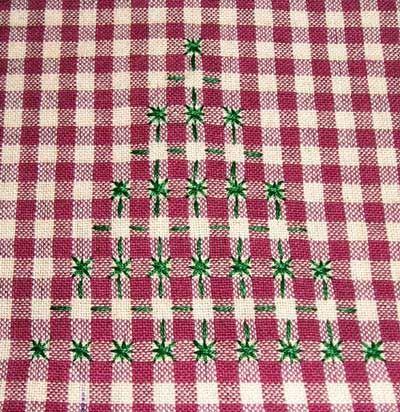 Hand Embroidery on Gingham - Christmas Trees Cross Stitch On Gingham, Chicken Scratch Patterns, Gingham Christmas, Swedish Weaving Patterns, Gingham Embroidery, Damask Linen, Chicken Scratch Embroidery, Needlework Shops, Chicken Scratch