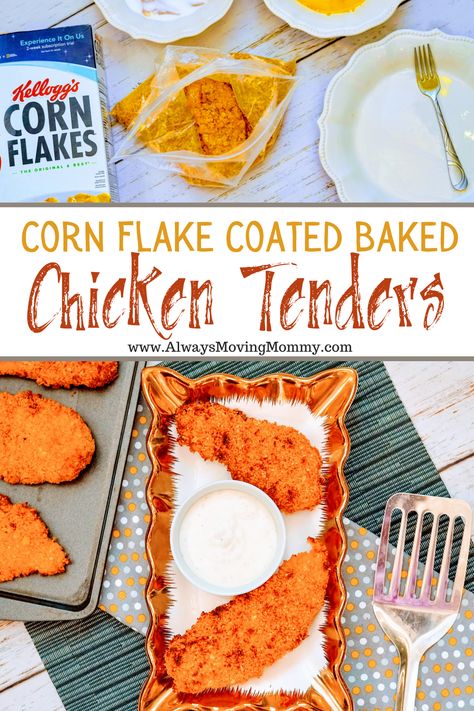 Quick and Easy Corn Flake Coated Chicken Tenders are a tasty quick and easy dinner idea. Chicken Strips Baked, Corn Flake Chicken, Ranch Corn, Filet Recipes, Corn Flake, Easy Corn, Baked Chicken Tenders, Quick And Easy Dinner, Chicken Strips