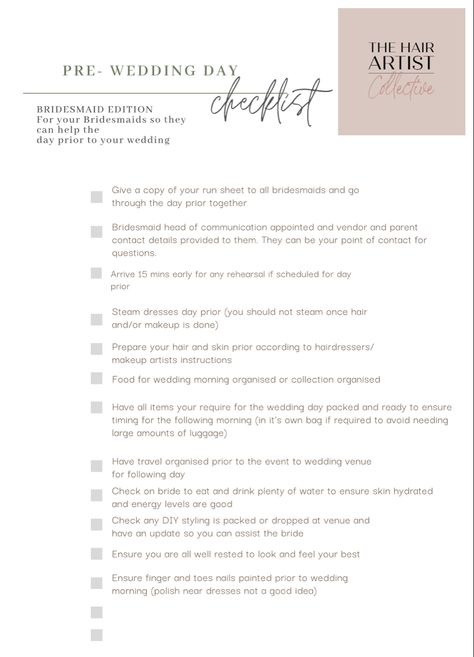 As a bride it is hard to delegate but here is a simple list to give your bridesmaid the day prior to help lighten your load! Keep an eye out for our wedding day checklist too! Bridesmaids To Do List, Bridesmaid Day Of Checklist, Wedding Day Tasks To Delegate, Bridesmaid Tasks List, Bridesmaid Checklist For Wedding Day, Bridesmaid Job List, Bridesmaid Duties Checklist, Pre Wedding Checklist, Bridesmaid Checklist