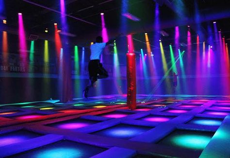 Neon Trampoline Park, Gaming Parlour, Trampoline Room, Gym Lighting, Five Little Monkeys, Nightclub Design, Indoor Trampoline, Dream Mansion, Trampoline Park