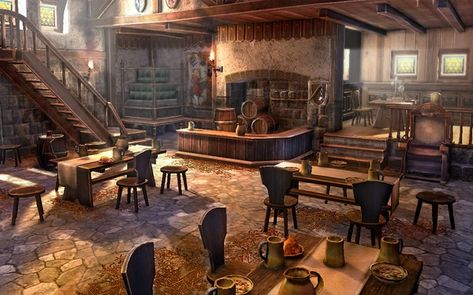 taverns - Imgur Tavern Interior, Taverna Medieval, Fantasy Inn, Kapal Karam, Medieval Tavern, Level Design, Tables And Chairs, Fantasy Setting, Fantasy Places