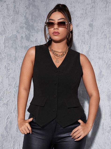 Black Elegant  Sleeveless Polyester Plain Vest  Non-Stretch Spring/Fall Plus Size Suits Suit Vest Outfits, Mens Dress Vests, Waistcoat Outfit, Black Suit Vest, Plus Size Blazers, Blazer Plus Size, Plain Vest, Tailored Fashion, Black Waistcoat