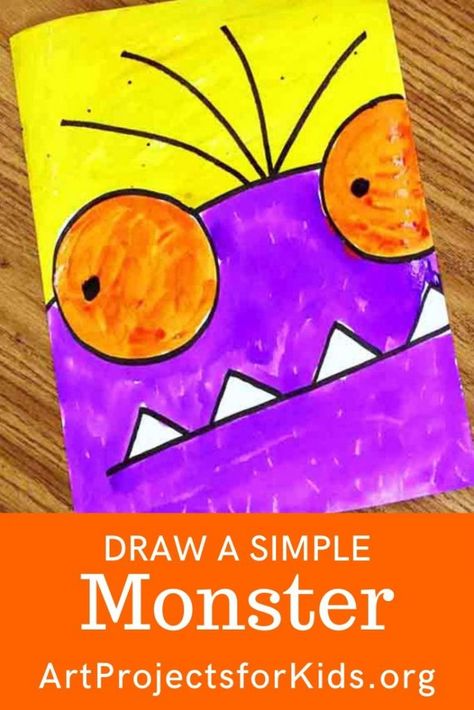 Monster Art Projects For Kids, Monster Tutorial, Halloween Art Drawing, Draw A Monster, Halloween Art Lessons, Kindergarten Drawing, Adaptive Art, Primary School Art, Holiday Art Projects