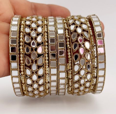 Mirror Bangles Indian, Mirror Bangles, Statement Bangles, Fabric Bangles, Hand Jewelry Rings, Pearl Bangles, Pakistani Jewellery, Beautiful Bangles, Mirror Jewelry