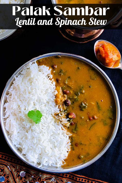 Palak sambar, a delicious South Indian stew made with spinach and lentils, is a flavor explosion in your mouth. The tangy tamarind and the aromatic sambar powder come together to create a dish that is both satisfying and comforting. This simple recipe is perfect for busy weeknights or when you are short on time. You can also make sambar in an Instant Pot. Serve it with hot rice or idli and enjoy the hearty and delicious taste of South India. Simple Dal Recipe, Indian Stew, Spinach Stew, Indian Dal, Indian Beef Recipes, Vegan Popsicles, Indian Cookbook, Goan Recipes, Spinach Curry