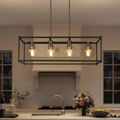 Modern 4-Light Black Gold Linear Chandelier Glass Rectangle Kitchen Island Lights for Dining Room - 32.5" L x 10" W x 11" H - Bed Bath & Beyond - 36046216 Kitchen Island Lighting Chandelier Farmhouse, Modern Farmhouse Kitchen Light Fixtures, Kitchen Island Lighting Chandelier, Light Over Kitchen Island, Rectangle Kitchen Island, Gold Linear Chandelier, Modern Dining Room Light Fixtures, Farmhouse Kitchen Light Fixtures, Rectangle Kitchen