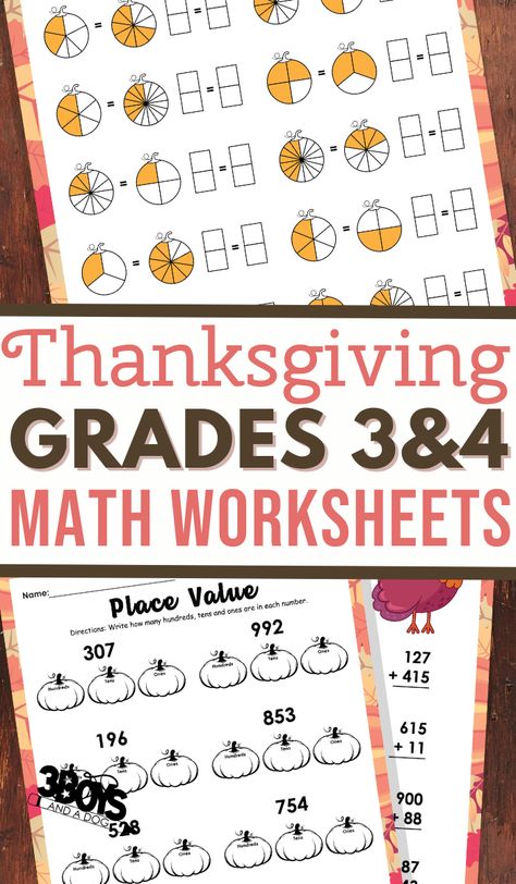 These Thanksgiving Math Printables for 3rd & 4th grade are perfect for upper elementary! Covers skills like fractions, multiplication, & place value. #3rdgrademath #mathskills #freeprintables #3boysandadog 3rd Grade Math Worksheets Free Printable, 4th Grade Worksheets Free Printables, Thanksgiving Math Worksheets Free, Math Worksheets For 3rd Grade, Thanksgiving Fractions, 3rd Grade Thanksgiving, Thanksgiving Multiplication, Worksheets For 3rd Grade, Thanksgiving Math Worksheets