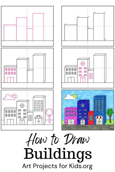 Learn how to draw Buildings with an easy step by step tutorial. Free PDF download available. #howtodraw #artprojectsforkids #buildings Draw Buildings Tutorials, Draw Buildings Sketch, Building Drawing Step By Step, How To Draw A Building, How To Draw Buildings Step By Step, Building Drawing Easy, How To Draw Buildings, Downtown Drawing, Simple Sketching