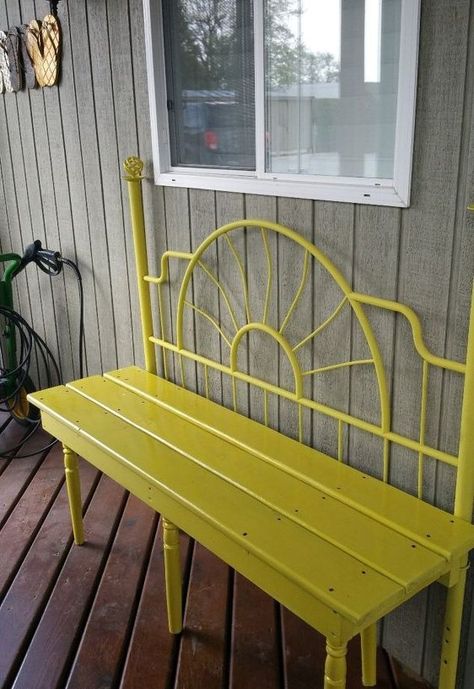 up cycle yellow bench made from a headboard, outdoor furniture, repurposing upcycling Yellow Bench, Wrought Iron Headboard, Garden Seats, Bed Frame Bench, Repurposed Headboard, Iron Headboard, Headboard Benches, Diy Storage Bench, Headboard Bench