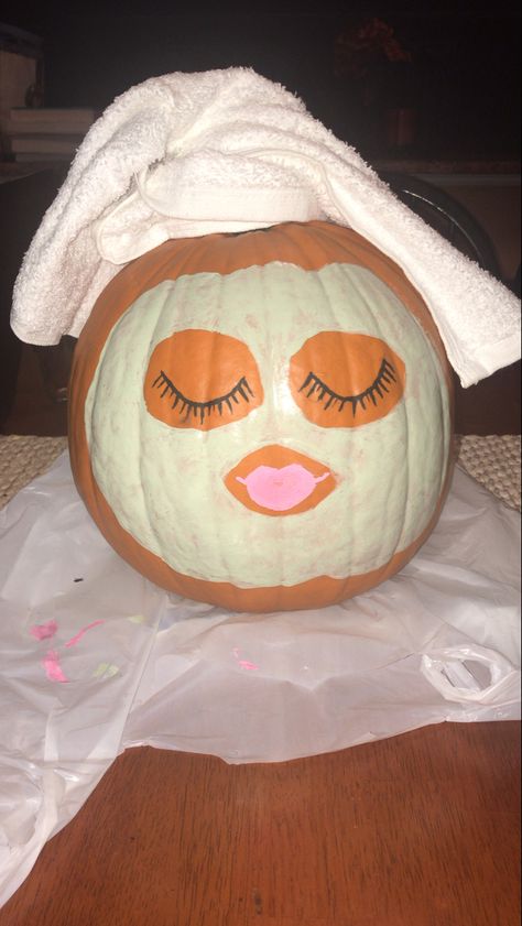 Pumpkin painting, pumpkin carving, diy, fall Halloween, spa girl, crafts, spooky Face Mask Pumpkin Painting, Funny Pumkin Paintings, Easy Pumpkins To Paint, Spa Pumpkin Painting, Pumpkin Ideas Funny, Painting Pumpkins Ideas Diy Girly, Pumping Painting Ideas, Easy Pumpkin Painting Ideas Simple, Spa Pumpkin