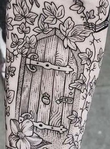 Garden Door Tattoo, Simple Black Tattoos, Pony Reinhardt, Door Tattoo, Secret Garden Door, Lotr Tattoo, Woodcut Tattoo, Garden Tattoos, Arm Tats