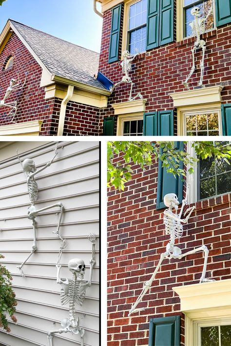 Halloween Skeleton Balcony, Skeletons Hanging From House, Skeletons And Spiders On House, Skeleton House Decoration, Skeleton Hanging From House, Hanging Skeleton Halloween Decorations, Skeleton House Halloween, Skeleton House Decor, Skeletons On House Halloween