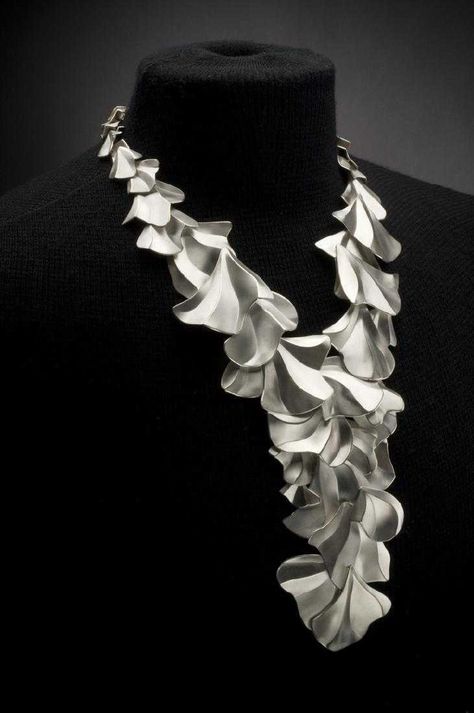 "Cascading necklace was designed and produced by award winning jewelry artist, Davina Romansky Batal. Having won the prestigious Niche Award (silver category)and a Saul Bell Design Award Finalist (silver category), this piece is one of only 2 produced; the other \"Cascading\" necklace is part of Burchfield Penney Art Museum's permanent collection. This necklace was published in: Best of American Jewelry Artists Volume 2, Niche Magazine, Rochester Magazine, and one of only 38 jewelry pieces chose Womens Necklaces Silver, Contemporary Jewellery Necklace, Cascade Necklace, Award Winning Jewelry, Contemporary Jewelry Design, Bell Design, Jewelry Artist, Art Jewelry Contemporary, Jewelry Design Necklace