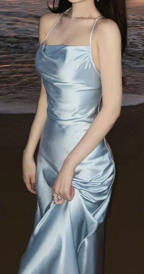 Aesthetic Blue Halter Silk Satin Maxi Dress. https://pradize.com/collection/classy-evening-maxi-dresses-long-formal?menu= Pale Blue Long Dress, Baby Blue Dress Silk, Sky Blue Silk Dress Long, Sliky Long Dresses, Pale Blue Silk Dress, Blue Formal Dress Aesthetic, Long Blue Dress Aesthetic, Blue Satin Dress Aesthetic, Pale Blue Dress Formal