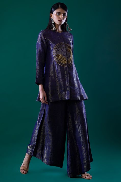 Featuring violet blue flared pants in brocade base with motifs and zardosi embroidery. This includes only one piece.   FIT: Fitted at waist. COMPOSITION: Brocade. CARE: Dry clean only. Zardosi Embroidery, Flared Top, Indian Fashion Designers, Pernia Pop Up Shop, Flared Pants, Co Ord Set, Pop Up Shop, Embroidered Top, Co Ord