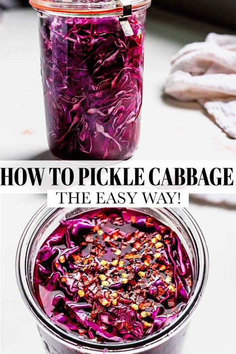 You’ll want to keep a jar of this Pickled Cabbage in your fridge at all times. Not only is it fast and easy, but you can use it on anything! Use red OR green cabbage. // recipe // for tacos Pickled Red Cabbage, Red Cabbage Recipes, Quick Pickled Cucumbers, Pickled Cabbage, Weeknight Recipes, Cabbage Recipe, Easy Veggie, Purple Cabbage, Pickled Veggies