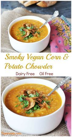 Smoky Vegan Corn and Potato Chowder! This recipe is dairy-free and oil-free. It's so rich and hearty, and healthy! My husband polished off three bowls and didn't feel one bit guilty about it. http://www.veganosity.com Corn And Potato Chowder, Healthy Corn, Hclf Vegan, Potato Chowder, Starch Solution, Oil Free Vegan, Vegan Soups, Vegan Soup, Vegan Dinner