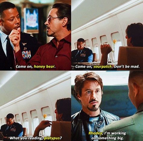 Tony's many nicknames for his bestie James Rhodes. Tony Stark And Rhodes, Tony X Rhodes, Tony Stark Tumblr Posts, Rhodey Tony Fanart, Ironhusbands Fanart, Tony Stark Quotes, Tony Stark Comic, Marvel Comics Funny, Iron Man Movie