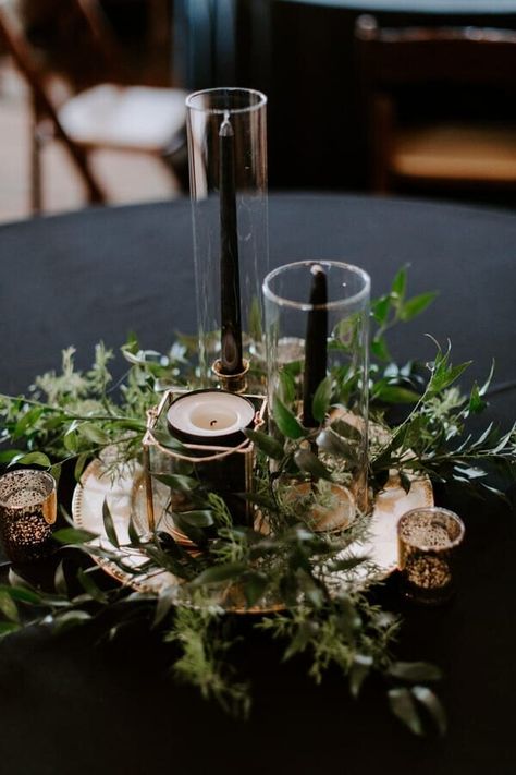 Moody Greenery Wedding, Emerald Green Wedding Theme Decor Receptions, Moody Wedding Centerpieces Round Table, Black And Dark Green Wedding, Moss Green Wedding, Black Wedding Table, Emerald Green Wedding Theme, Wedding Table Toppers, Black Centerpieces