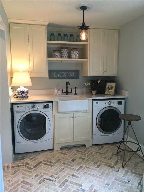 Like that sink and washer/dryer are same height | Laundry room design,  Laundry room layouts, Laundry room remodel Modern Farmhouse Laundry Room, Laundry Room Decorating, Small Laundry Room Organization, Room Storage Diy, Modern Basement, Farmhouse Room, Dream Laundry Room, Laundry Room Layouts, Farmhouse Laundry