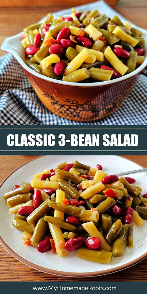 This Classic Three Bean Salad is a delicious salad perfect for parties and picnics, and features a combination of kidney beans, green beans, and wax beans, in a tangy dressing. And it's made with mostly pantry ingredients, so you can whip up this salad whenever you need a quick and easy side dish. Marinated Green Bean Salad, Green Bean Salad Recipes Cold, Bean Salad Dressing, Easy Dinner Side Dishes, Bean Salad Healthy, Kidney Bean Salad, 3 Bean Salad, Bean Salads, Vegetable Salads